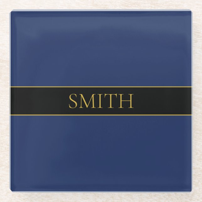 Navy Blau & Gold Name Nachname oder Geschäft  Glasuntersetzer (Vorderseite)