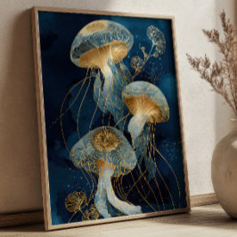 Navy Blau & Gold Quallen Kintsugi-Tusche-Kunst Oze Poster