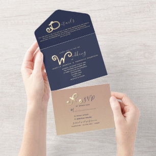 Navy Blau Gold Schrift Foto Hochzeit All In One Einladung