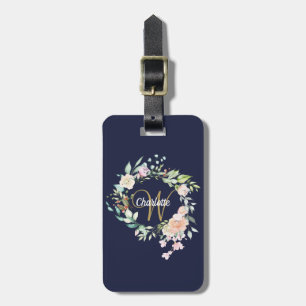 Navy Blau Gold Schrift Monogramm Florale Rosen Gepäckanhänger