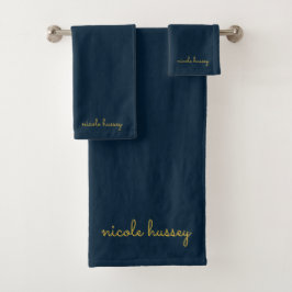 Navy Blau Gold Schrift | Stylisches Monogramm Mode Badhandtuch Set