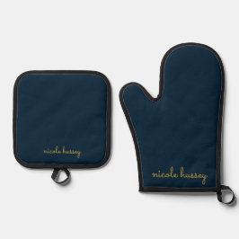 Navy Blau Gold Schrift | Stylisches Monogramm Mode Ofenhandschuh & Topflappen-Set