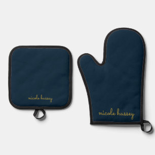 Navy Blau Gold Schrift Stylisches Monogramm Mode Ofenhandschuh & Topflappen-Set