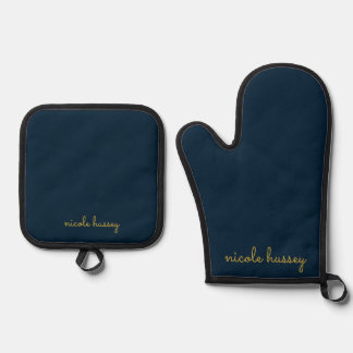 Navy Blau Gold Schrift | Stylisches Monogramm Mode Ofenhandschuh & Topflappen-Set