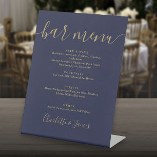 Navy Blau Gold Signature Schrift Hochzeitsbar-Menü Sockelschild