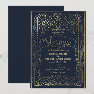 Navy Blau & Gold Vintage Viktorianischer Deco-Hoch Einladung