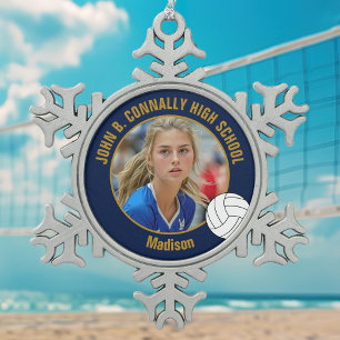 Navy Blau Gold Volleyballspieler Foto High School Schneeflocken Zinn-Ornament