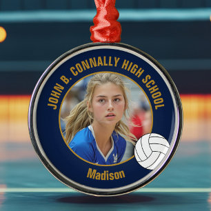 Navy Blau Gold Volleyballspieler Foto Weihnachten Ornament Aus Metall