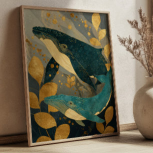 Navy Blau & Gold Walillustration Kintsugi Ozean Poster