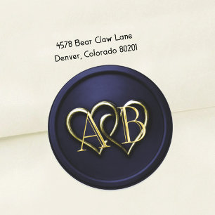 Navy Blau Gold Zwei Herzen Gold Monogramm Runder Aufkleber