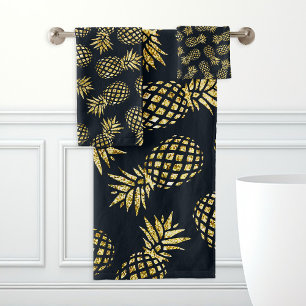Navy Blau Goldene Ananas-Muster Badhandtuch Set