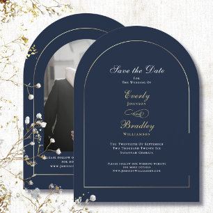 Navy Blau Goldene Architektur Weiße Save-the-Date- Einladung