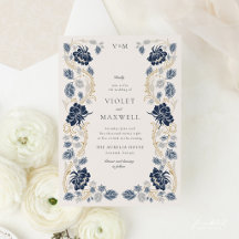 Navy Blau Goldene Florale Art Nouveau Hochzeit