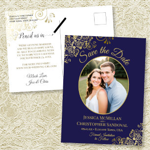 Navy Blau & Goldene Hochzeit 'Save the Date' Oval- Ankündigungspostkarte