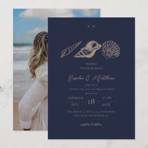 Navy Blau & Goldene Muscheln Küstenhochzeit Einladung