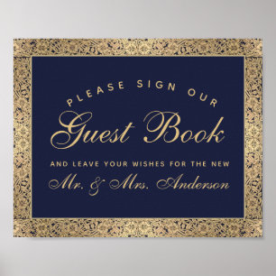 Navy Blau Goldene Rosen Hochzeitsschild Unser Gäst Poster
