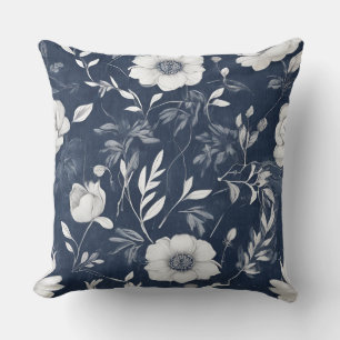 Navy Blau Grau Weiß Farmhouse Floral Kissen