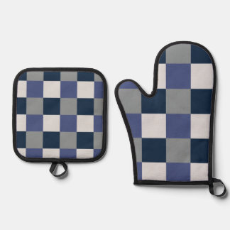 Navy Blau Grau Weiß Schachbrettmuster Ofenhandschuh & Topflappen-Set