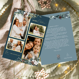 Navy Blau Greenery Vintage Vierer Foto-Collage Folien Feiertagskarte