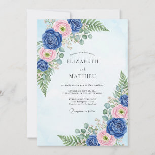 Navy-Blau Hochzeit im klassischen botanischen Stil Einladung
