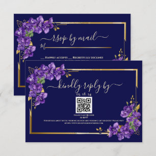 Navy-Blau Hochzeit RSVP Veilchen Gold Rahmen Karte