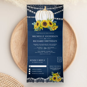 Navy Blau Holz Sonnenblumen Weiße Kürbis Hochzeit Dreifach Gefaltete Einladung