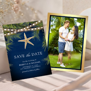 Navy Blau Holz Tropisches Palmblatt Seestern Hochz Save The Date