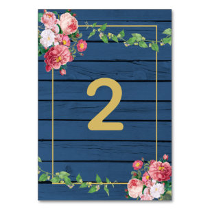 Navy Blau Holz Vintage Rosa Rosen & Goldene Hochze Tischnummer