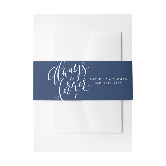 Navy Blau immer und für immer Script Hochzeit Einladungsbanderole (Vorderseite Beispiel)
