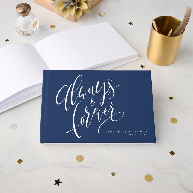 Navy Blau immer und für immer Script Hochzeit Gästebuch (Vorderseite Offen)