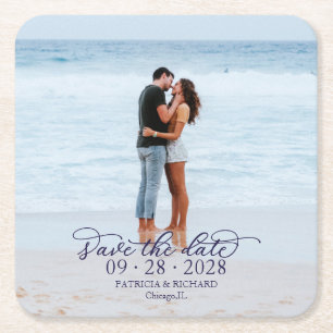 Navy Blau Kalligrafie Foto Hochzeit Save the Date Rechteckiger Pappuntersetzer