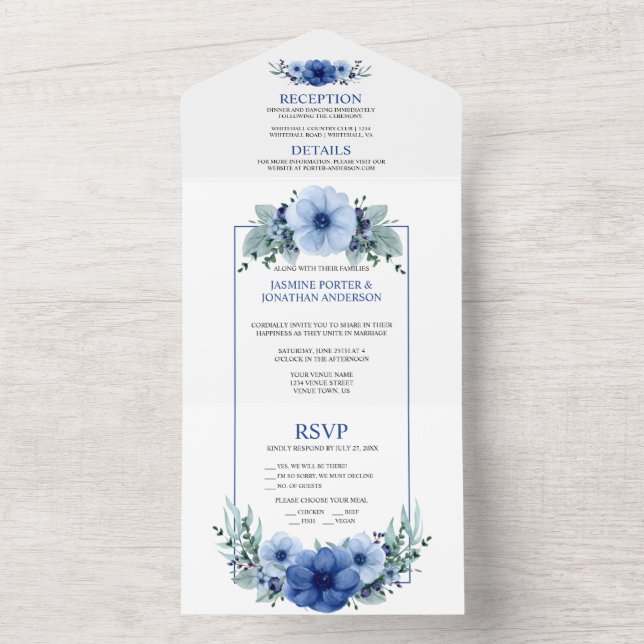 Navy Blau, Light Blue Anemone Blume | All In One Einladung (Innen Boden)