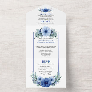 Navy Blau, Light Blue Anemone Blume   All In One Einladung