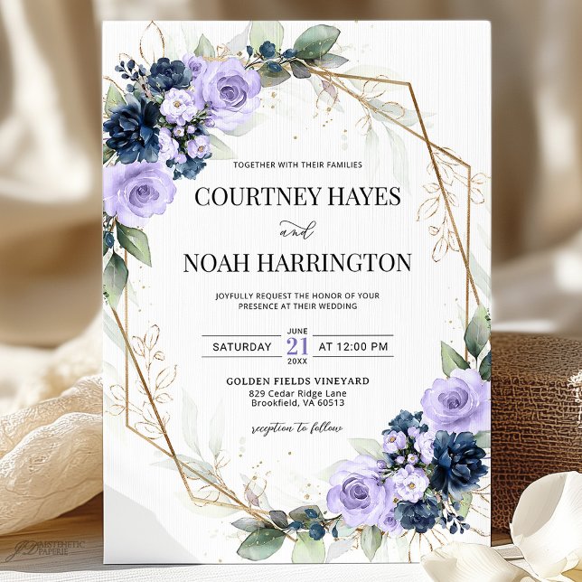 Navy Blau Lila Violett Gold Geometrische Hochzeit Einladung (Von Creator hochgeladen)