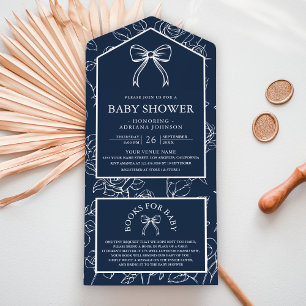 Navy Blau Linie Kunst Kokette Schleife Babyparty All In One Einladung