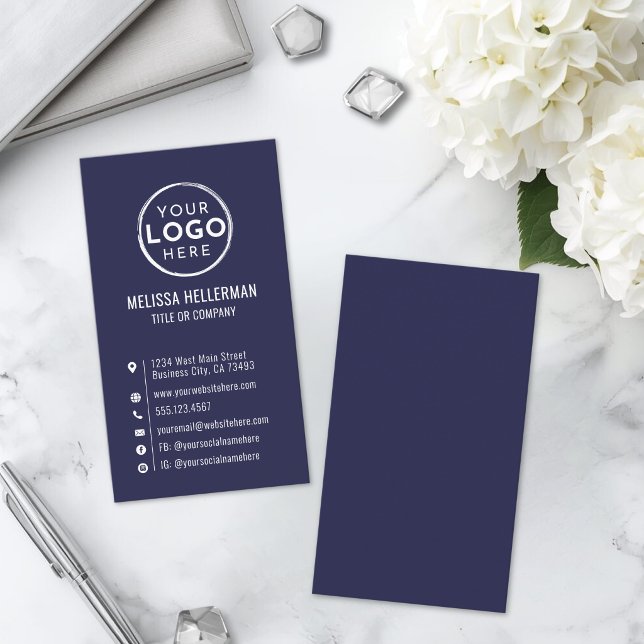 Navy Blau Logo Minimal Modern Vertikal Visitenkarte (Navy Blue Logo Minimal Modern Vertical Business Card )