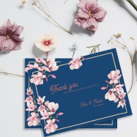 Navy Blau Magnolie Florale Hochzeits-Dankeskarten