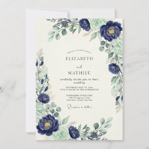Navy-Blau Majestätische Botanische Hochzeit Einladung