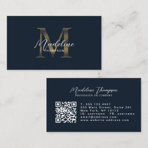 Navy Blau Metallic Gold Monogramm Schrift QR-Code Visitenkarte