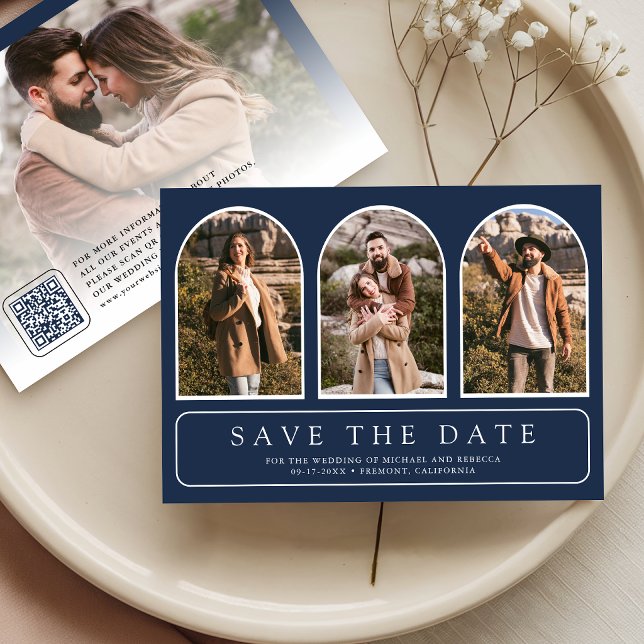 Navy Blau Minimaler Bogen Foto QR Code Hochzeit Save The Date (Von Creator hochgeladen)