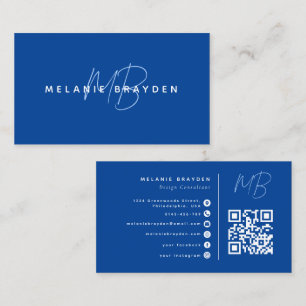 Navy Blau Minimalistischer Zwei-Monogramm-QR-Code Visitenkarte