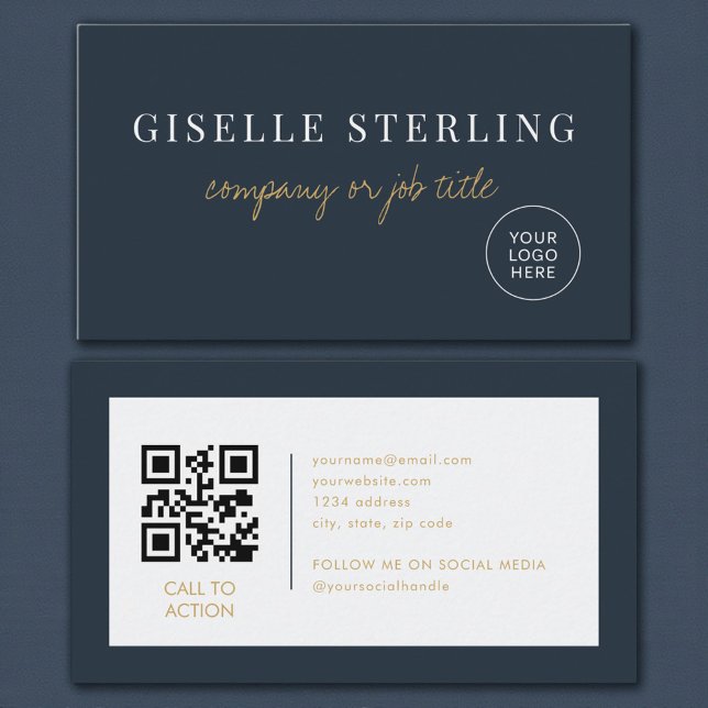 Navy Blau Minimalistisches Firmenlogo QR-Code Visitenkarte (Von Creator hochgeladen)