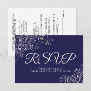 Navy Blau mit eleganter silberner Stickerei Hochze RSVP Karte