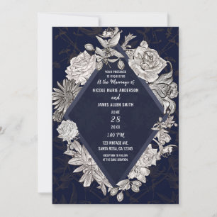 Navy Blau Moderne Diamant Vintage Blumen Hochzeit Einladung