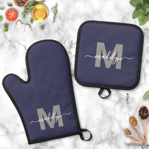 Navy Blau Namensmonogramm Küche Ofenhandschuh & Topflappen-Set