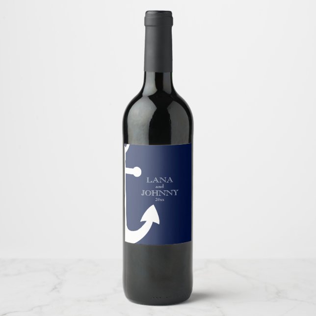 Navy Blau, nautisch mit Anker Weinetikett (Vorderseite)