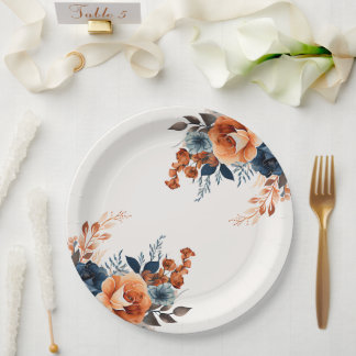 Navy Blau Orange Wasserfarben-Blumen Pappteller
