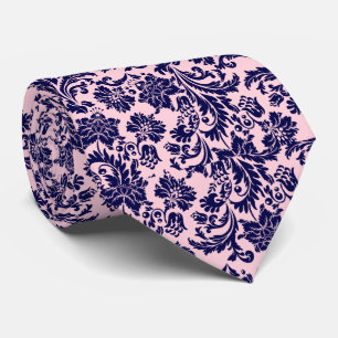 Navy Blau & Pastellrosa Florale Damastmuster Krawatte