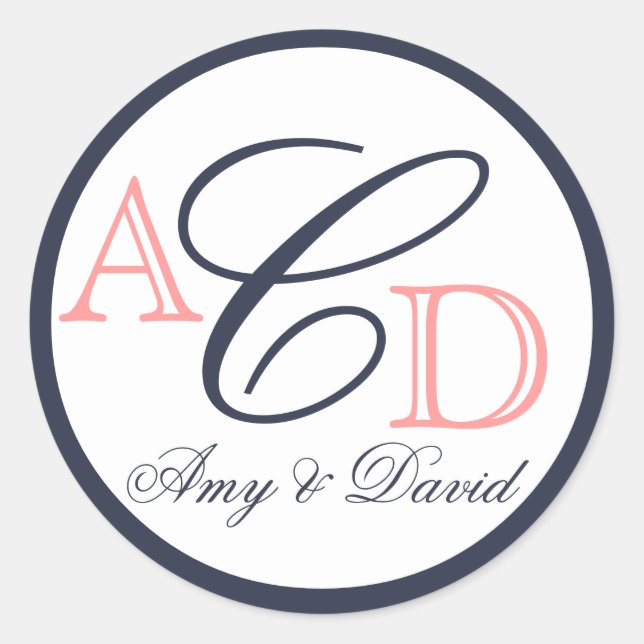 Navy Blau, Peach, Initialnamen Hochzeit Runder Aufkleber (Vorderseite)
