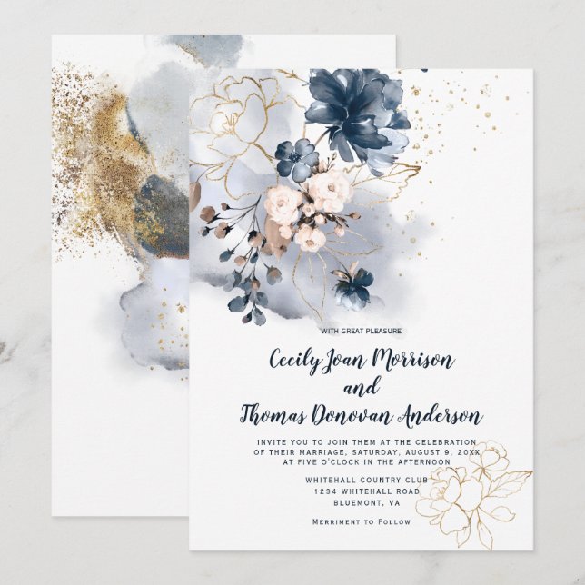Navy Blau, Peach und Gold Aquarellblume Einladung (Vorne/Hinten)